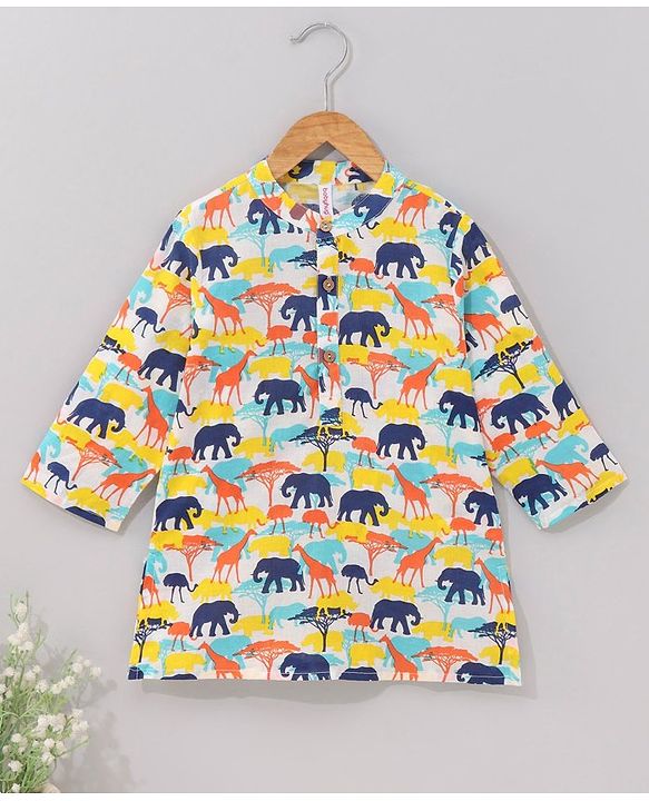 Babyhug Cotton Woven Full Sleeves Animal Printed Kurta - Yellow