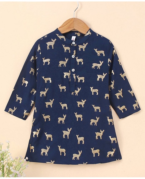 Babyhug 100% Cotton Woven Full Sleeves Ethnic Kurta Fawn Printed - Blue
