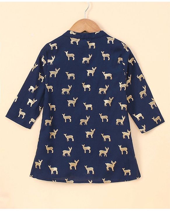 Babyhug 100% Cotton Woven Full Sleeves Ethnic Kurta Fawn Printed - Blue