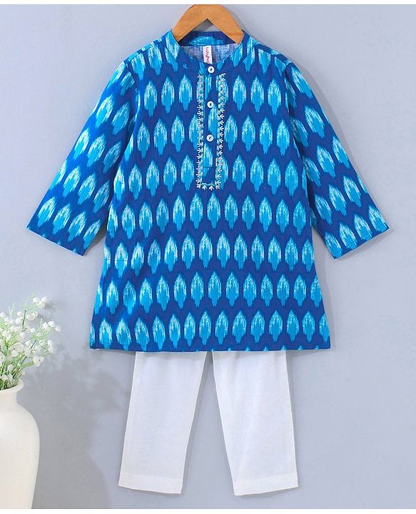 Babyhug Cotton Woven Full Sleeves Kurta & Payjama Set Ikkat Print - Blue