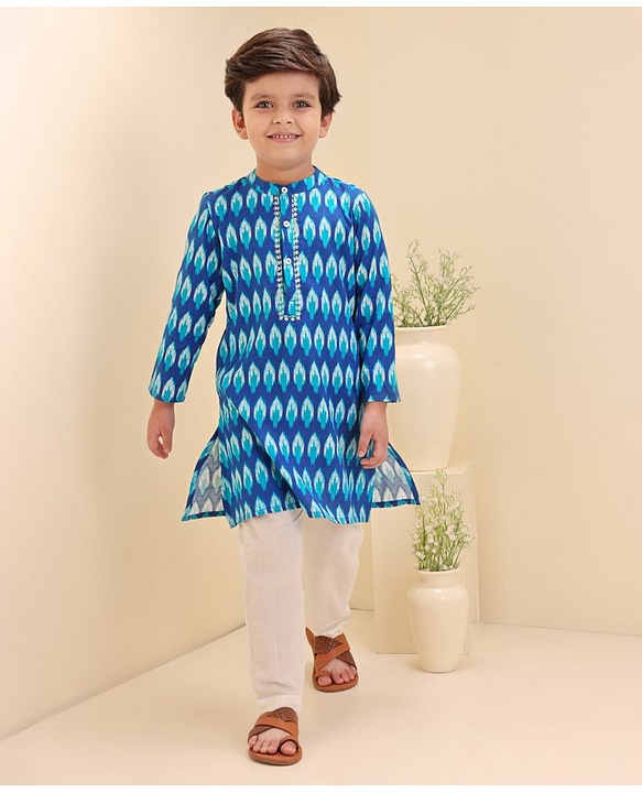 Babyhug Cotton Woven Full Sleeves Kurta & Payjama Set Ikkat Print - Blue