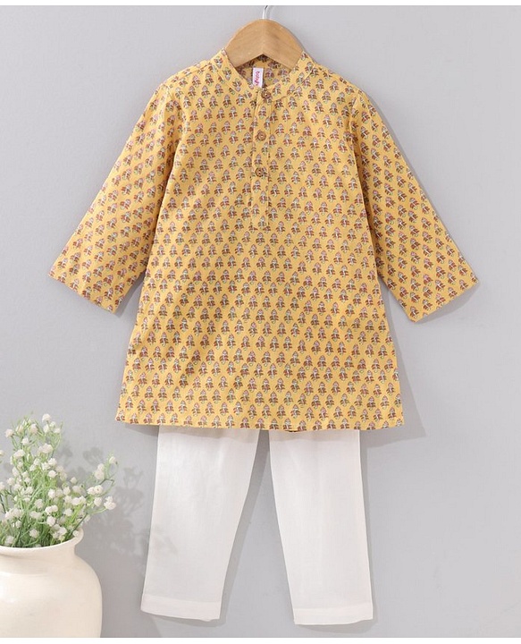 Babyhug Full Sleeves Printed Kurta & Pyjama Set - Mustard