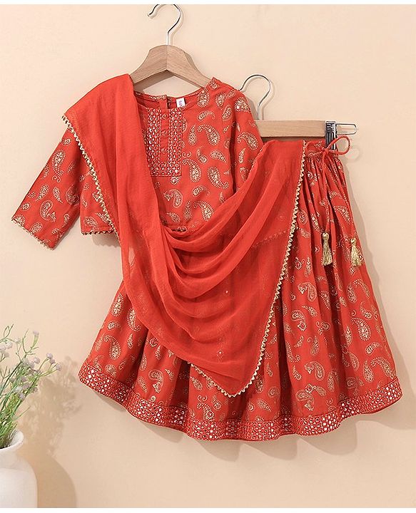 Babyhug Three Fourth Sleeves Choli With Lehenga & Dupatta Brocade Print - Orange