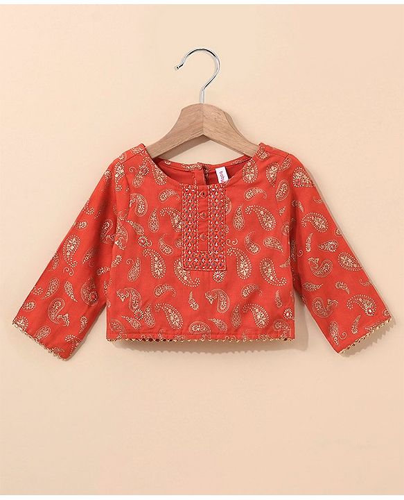 Babyhug Three Fourth Sleeves Choli With Lehenga & Dupatta Brocade Print - Orange