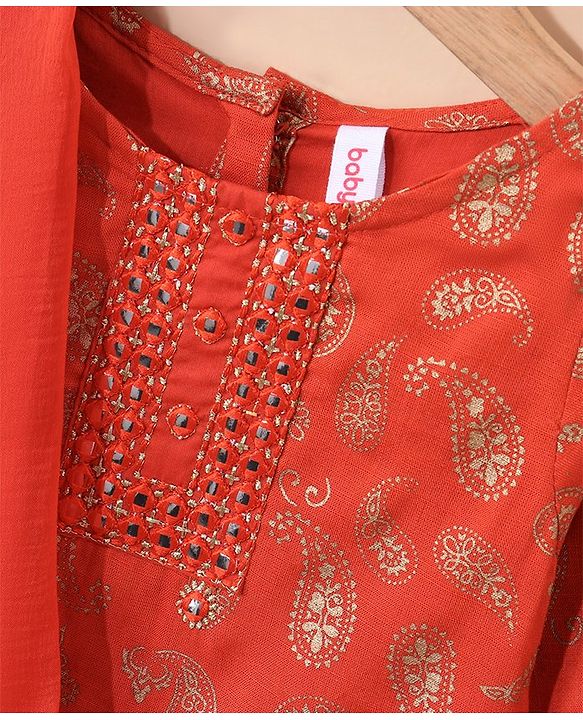 Babyhug Three Fourth Sleeves Choli With Lehenga & Dupatta Brocade Print - Orange