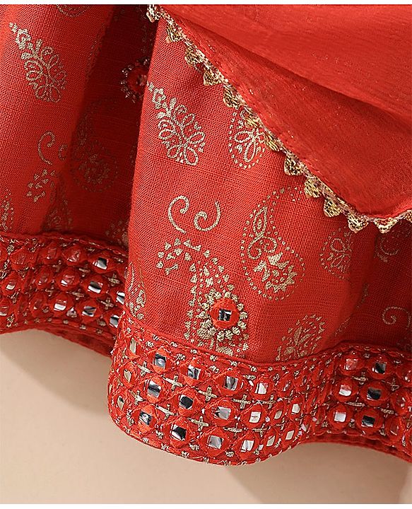 Babyhug Three Fourth Sleeves Choli With Lehenga & Dupatta Brocade Print - Orange