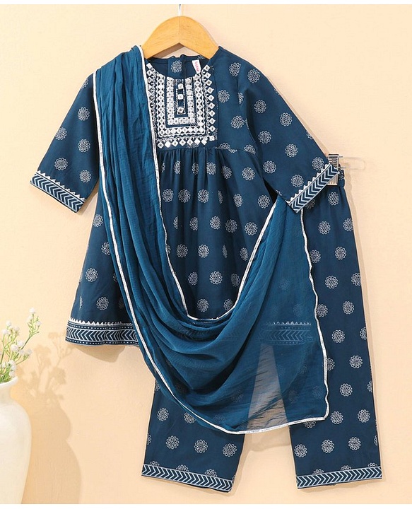 Babyhug Half Sleeves Kurti & Pant Set With Dupatta Floral Print - Navy Blue