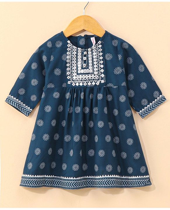 Babyhug Half Sleeves Kurti & Pant Set With Dupatta Floral Print - Navy Blue