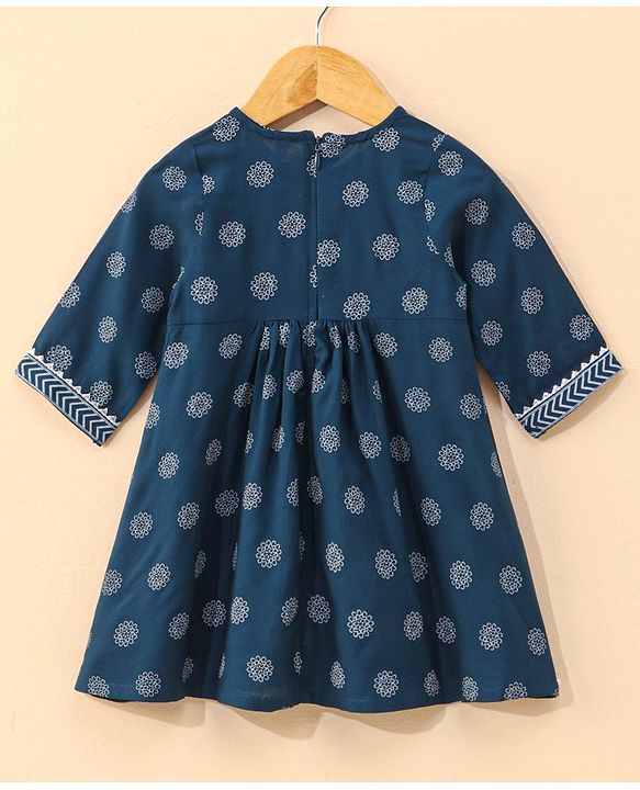 Babyhug Half Sleeves Kurti & Pant Set With Dupatta Floral Print - Navy Blue