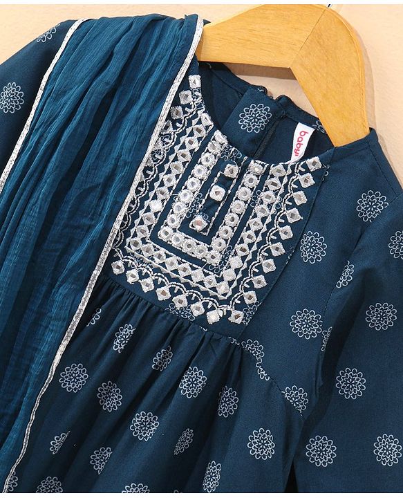 Babyhug Half Sleeves Kurti & Pant Set With Dupatta Floral Print - Navy Blue