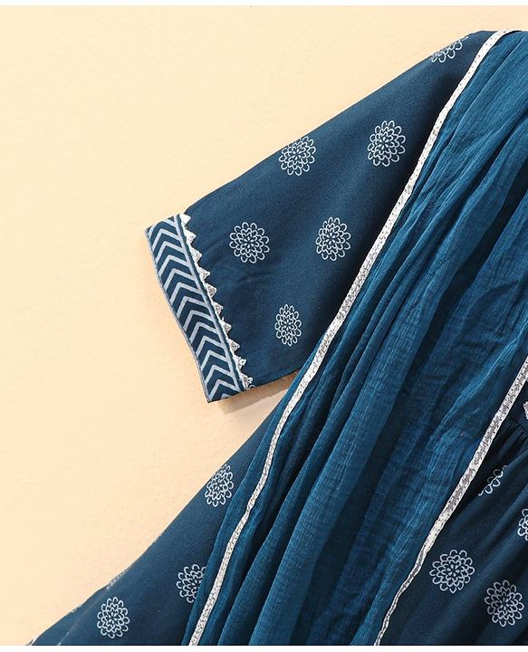 Babyhug Half Sleeves Kurti & Pant Set With Dupatta Floral Print - Navy Blue