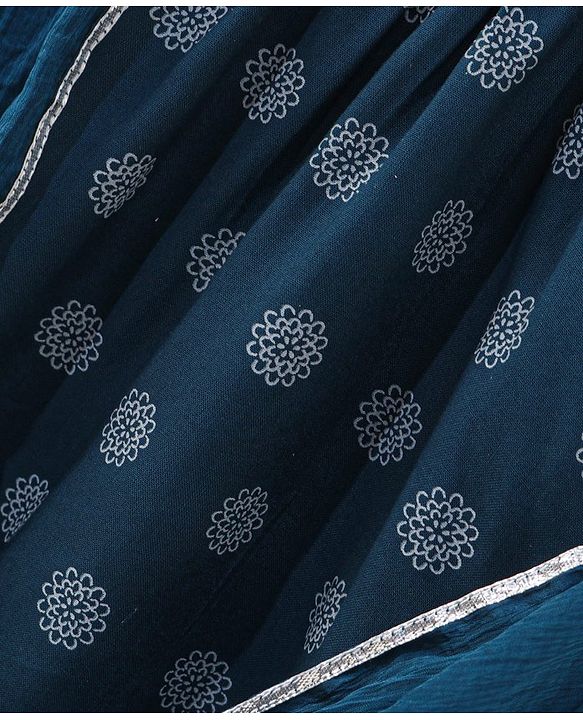 Babyhug Half Sleeves Kurti & Pant Set With Dupatta Floral Print - Navy Blue