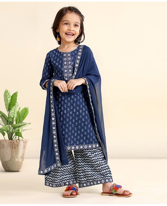 Babyhug Three Fourth Sleeves Cotton Embroidered Kurti & Palazzo Set With Dupatta Printed- Navy Blue