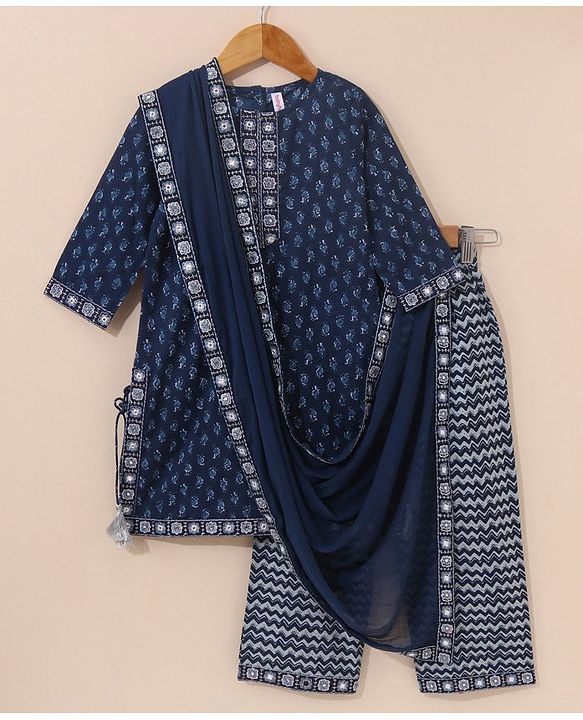 Babyhug Three Fourth Sleeves Cotton Embroidered Kurti & Palazzo Set With Dupatta Printed- Navy Blue