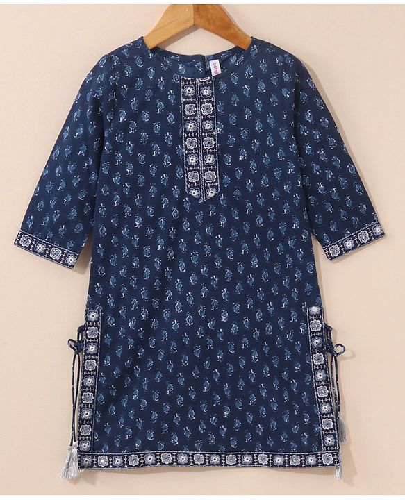 Babyhug Three Fourth Sleeves Cotton Embroidered Kurti & Palazzo Set With Dupatta Printed- Navy Blue