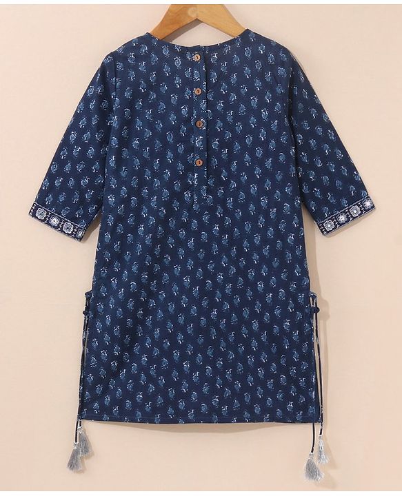 Babyhug Three Fourth Sleeves Cotton Embroidered Kurti & Palazzo Set With Dupatta Printed- Navy Blue