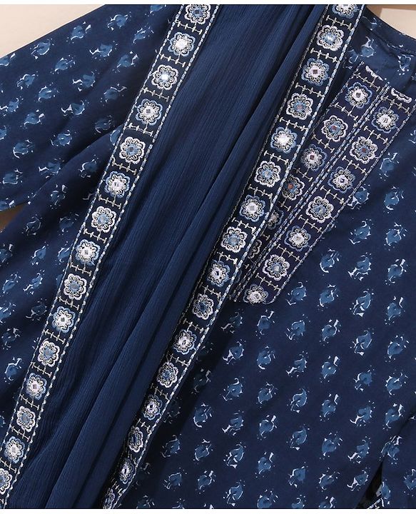 Babyhug Three Fourth Sleeves Cotton Embroidered Kurti & Palazzo Set With Dupatta Printed- Navy Blue