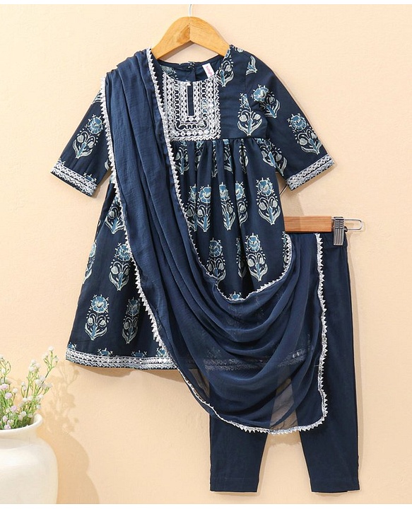 Babyhug Half Sleeves Kurti & Churidar Set With Dupatta Floral Print - Navy Blue