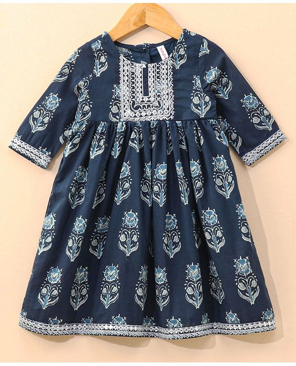Babyhug Half Sleeves Kurti & Churidar Set With Dupatta Floral Print - Navy Blue