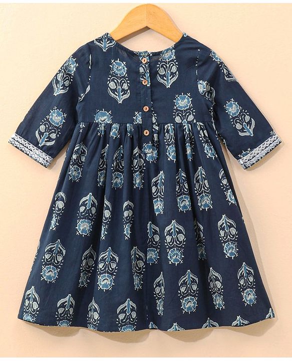 Babyhug Half Sleeves Kurti & Churidar Set With Dupatta Floral Print - Navy Blue