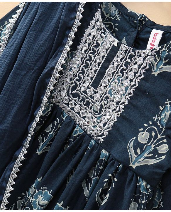 Babyhug Half Sleeves Kurti & Churidar Set With Dupatta Floral Print - Navy Blue