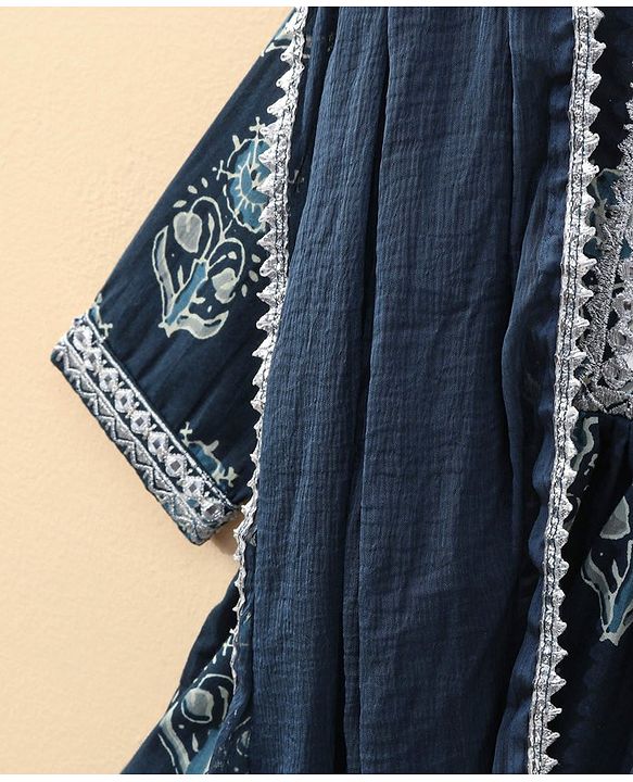 Babyhug Half Sleeves Kurti & Churidar Set With Dupatta Floral Print - Navy Blue