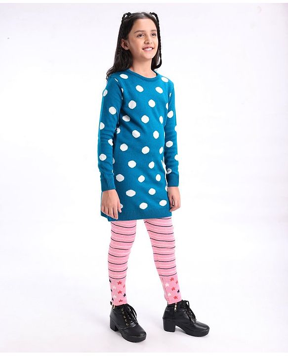 Pine Kids Moderate Winter Wear Full Sleeves Pullover Sweater & Leggings - Blue Pink