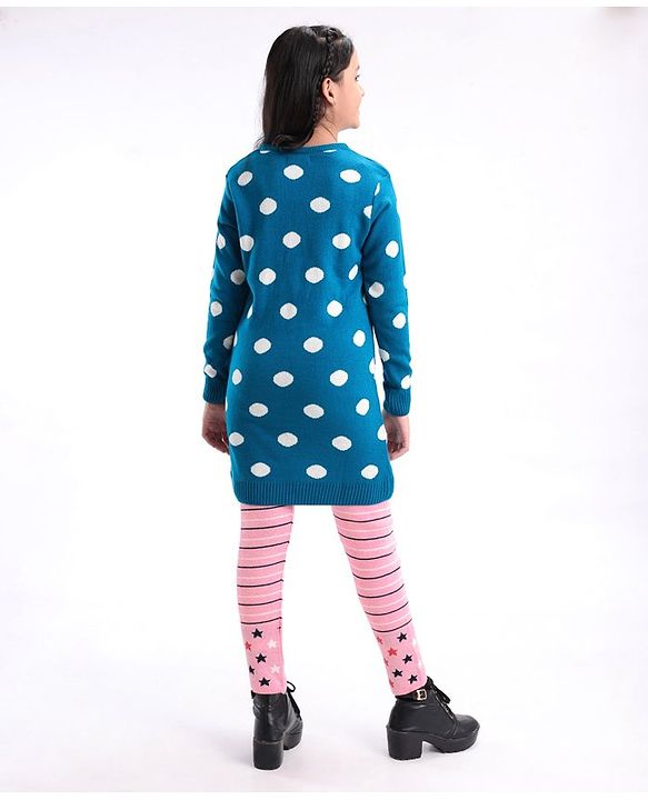 Pine Kids Moderate Winter Wear Full Sleeves Pullover Sweater & Leggings - Blue Pink