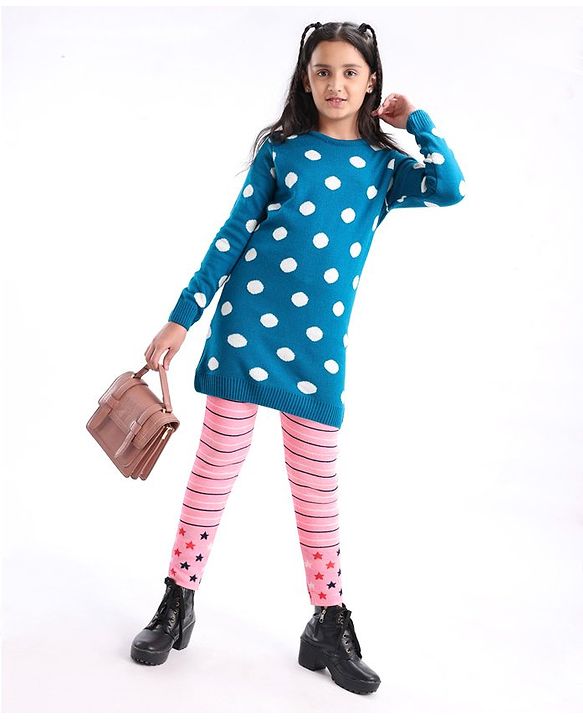 Pine Kids Moderate Winter Wear Full Sleeves Pullover Sweater & Leggings - Blue Pink