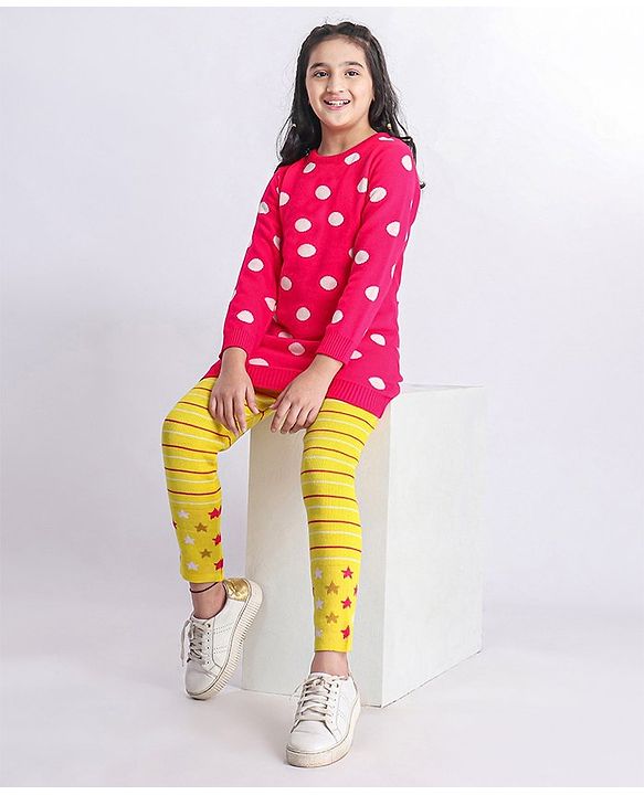 Pine Kids Moderate Winter Full Sleeves Pullover Sweater & Leggings Set Polka Dots & Star Design - Pink Yellow