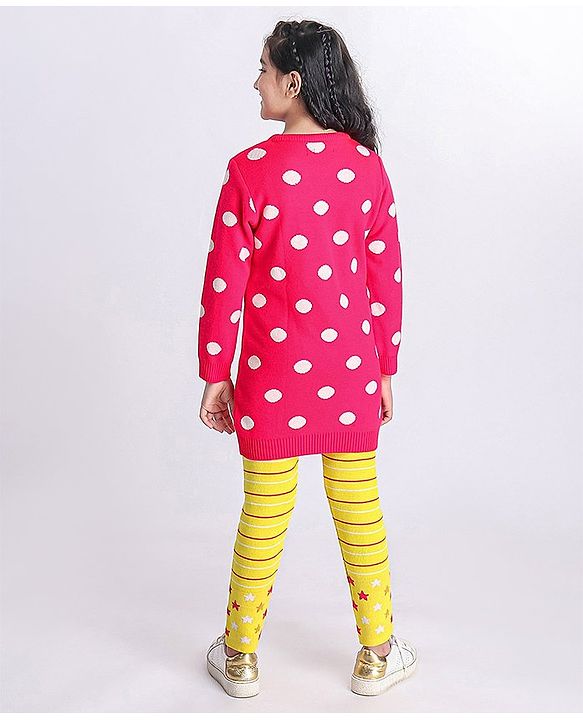 Pine Kids Moderate Winter Full Sleeves Pullover Sweater & Leggings Set Polka Dots & Star Design - Pink Yellow