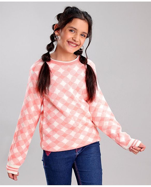 Pine Kids Fine Knit Full Sleeves Checks Pullover for Moderate Winter - Multicolour
