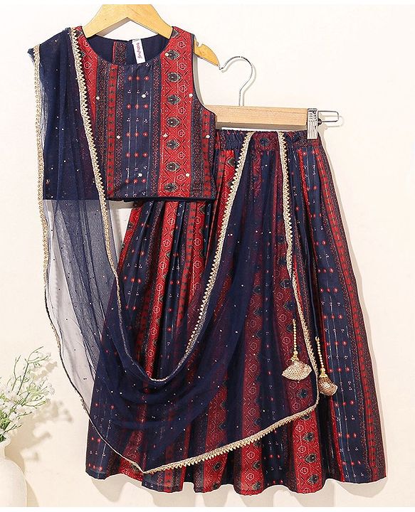 Babyhug Sleeveless Woven Printed Lehenga & Choli Set With Dupatta - Navy Blue