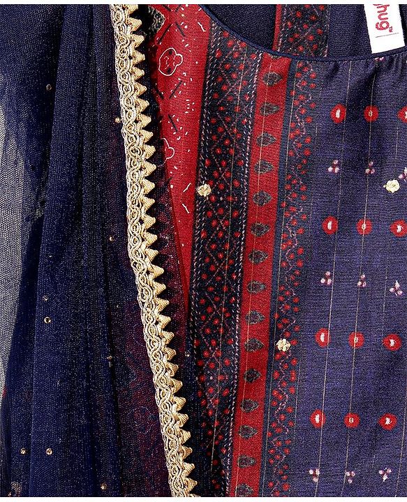 Babyhug Sleeveless Woven Printed Lehenga & Choli Set With Dupatta - Navy Blue