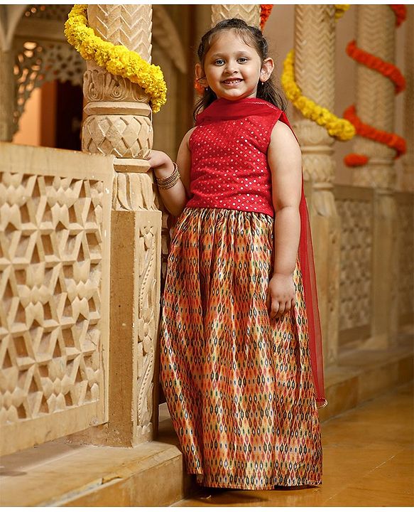 Babyhug Woven Sleeveless Choli With Printed Lehenga & Dupatta - Red