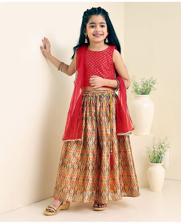 Babyhug Woven Sleeveless Choli With Printed Lehenga & Dupatta - Red
