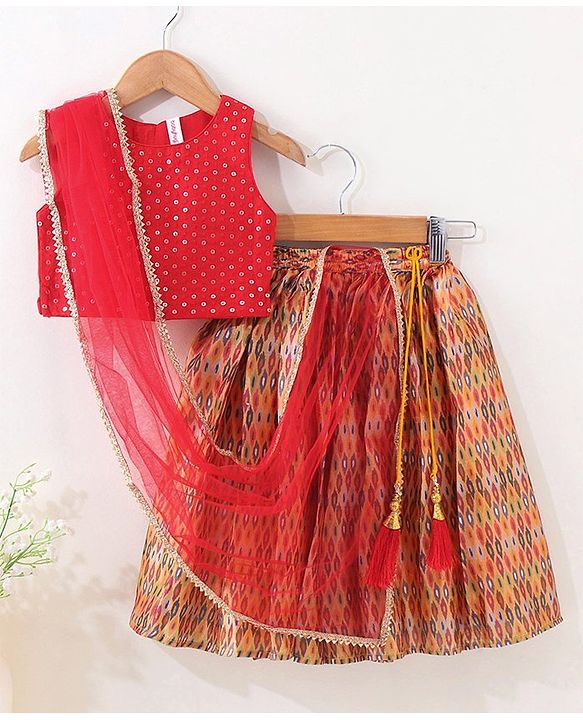 Babyhug Woven Sleeveless Choli With Printed Lehenga & Dupatta - Red