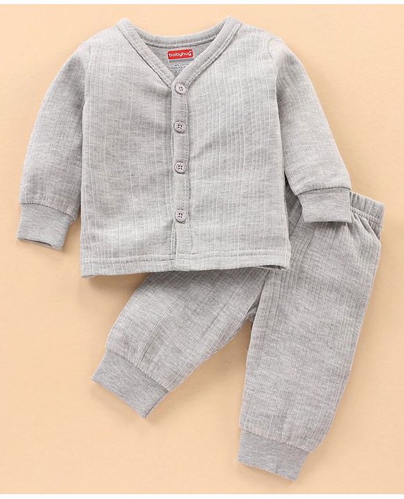 Babyhug Full Sleeves Thermal Top & Bottom Set Solid - Light Grey