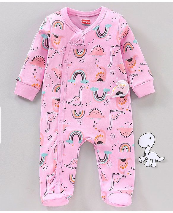 Babyhug Full Sleeves Cotton Dino Printed Night Suit - Pink