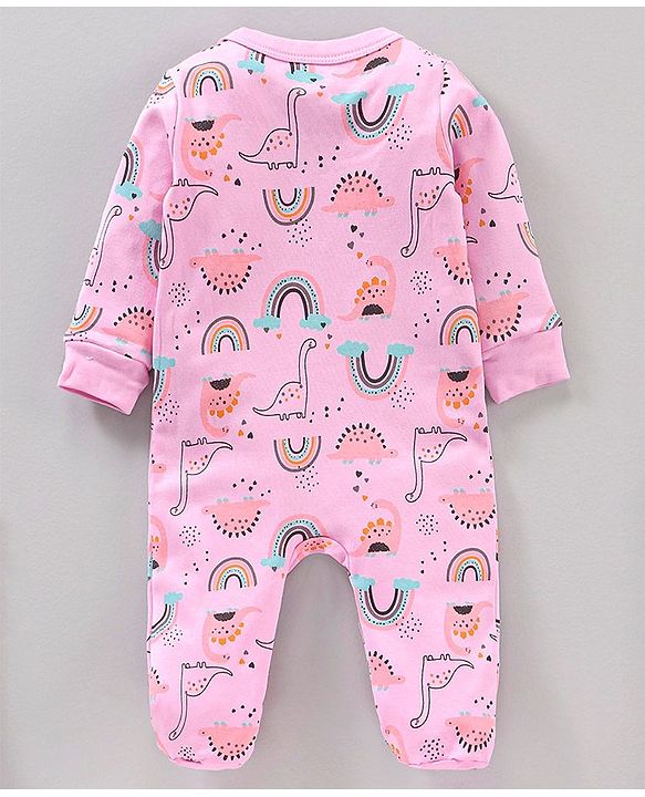Babyhug Full Sleeves Cotton Dino Printed Night Suit - Pink