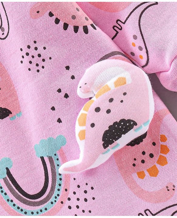 Babyhug Full Sleeves Cotton Dino Printed Night Suit - Pink