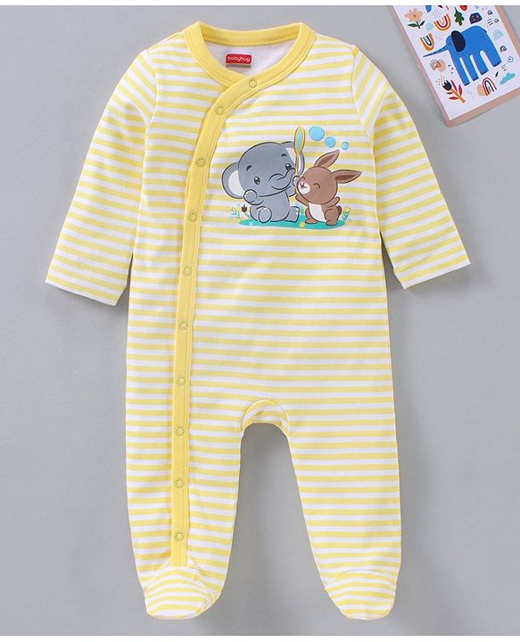 Babyhug Full Sleeves Footed Stripe Sleepsuit Animal Print - White Light Yellow