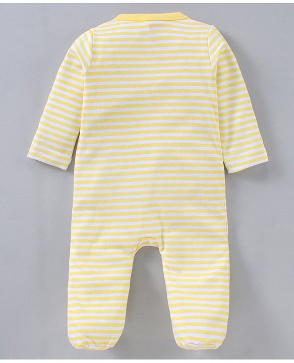 Babyhug Full Sleeves Footed Stripe Sleepsuit Animal Print - White Light Yellow