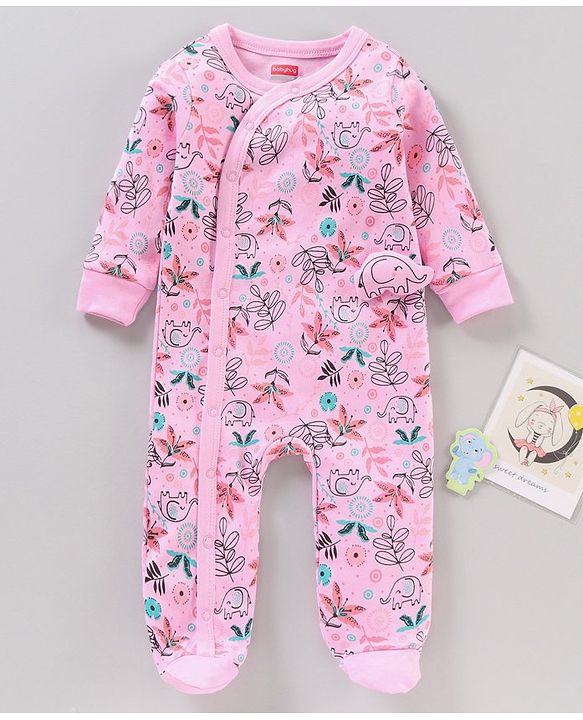 Babyhug Cotton Knit Full Sleeves Footed Sleepsuit Floral Print - Pink