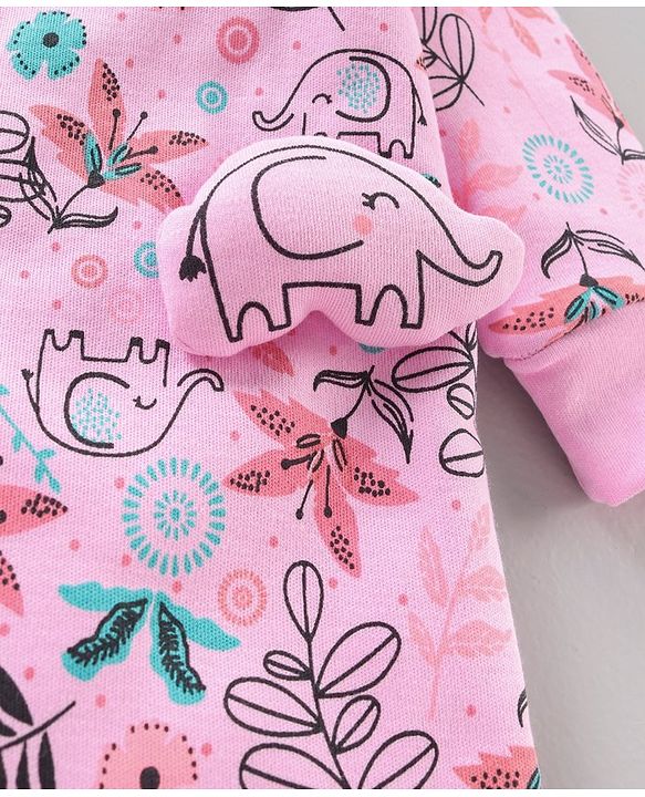 Babyhug Cotton Knit Full Sleeves Footed Sleepsuit Floral Print - Pink