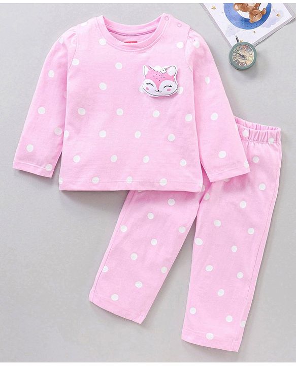 Babyhug Polka Dot Full Sleeves Night Suit Fox Applique - Pink