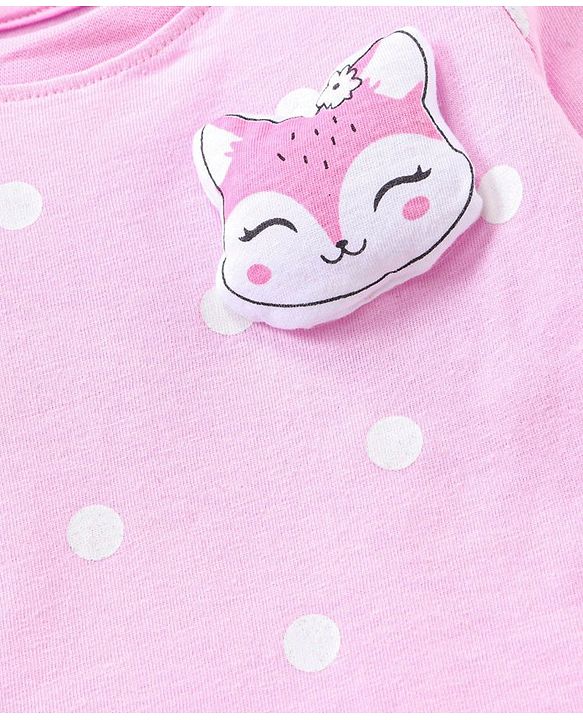 Babyhug Polka Dot Full Sleeves Night Suit Fox Applique - Pink