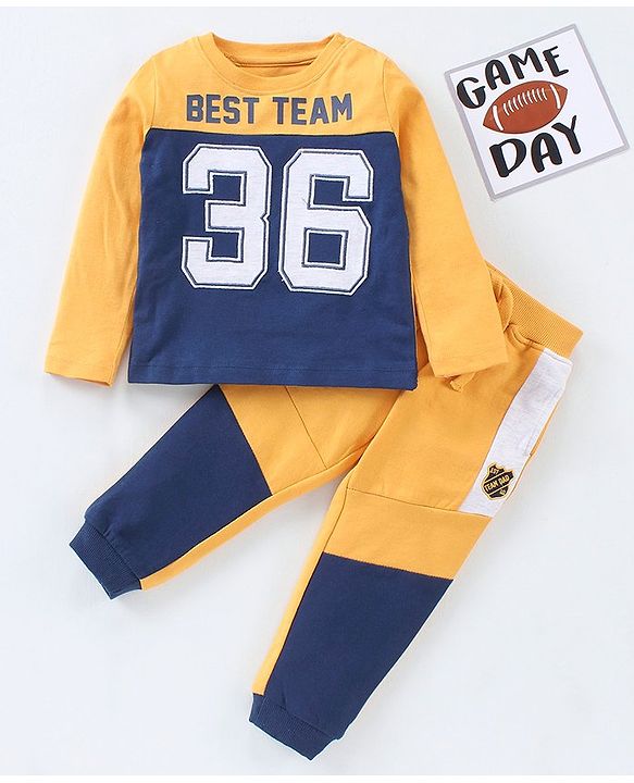 Babyhug Cotton Knit to Knit Full Sleeves Numeric Printed Tee & Lounge Pant - Blue & Orange