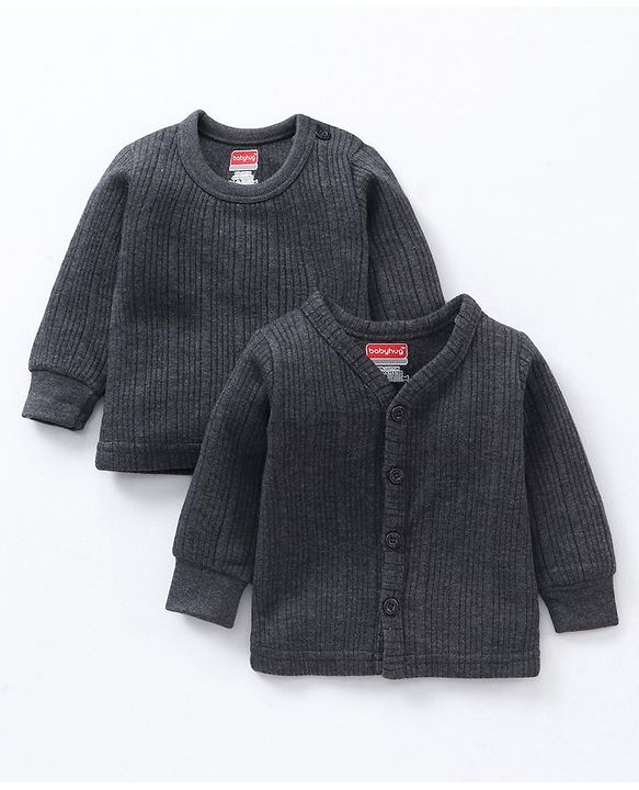 Babyhug Full Sleeves Front Open and Pullover Solid Color Thermal Wear Pack Of 2- Dark Grey