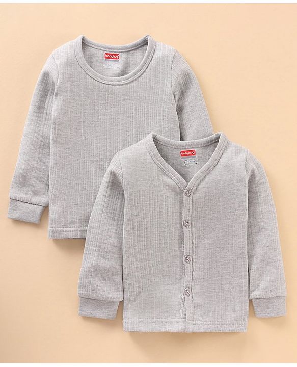 Babyhug Full Sleeves Front Open and Pullover Solid Color Thermal Wear - Light Grey